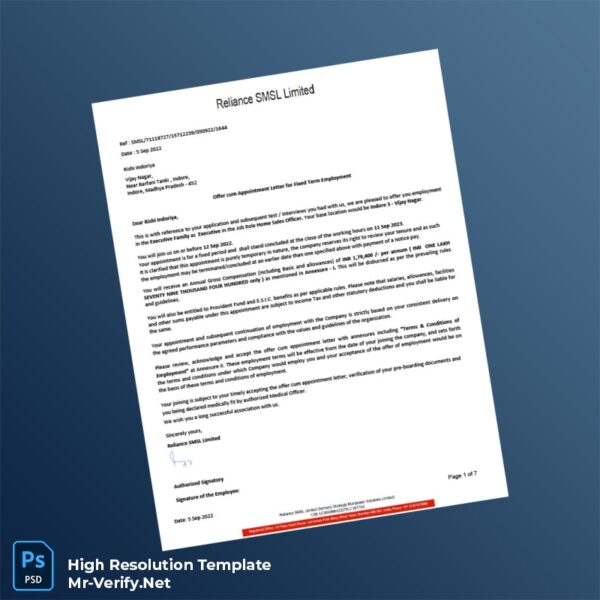 Editable India Reliance SMSL Limited Salary Certificate Word and Pdf Template 7 page