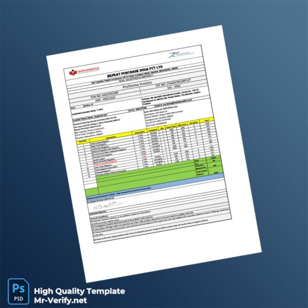 India Repeat Purchase India Pvt Ltd Proforma Invoice Template in Word and PDF formats 2 page India Repeat Purchase India Pvt Ltd Proforma Invoice Template in Word and PDF formats 2 page