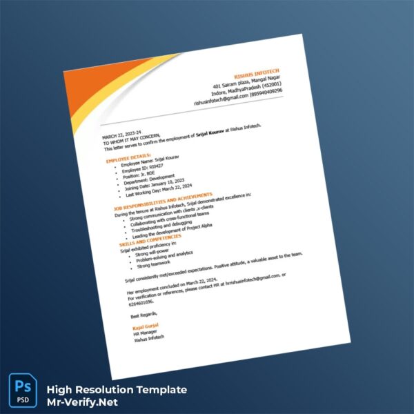 Editable India Rishus Infotech Employment Certificate Word and Pdf Template 2 page