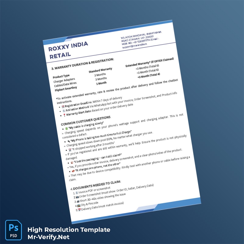 Editable India RoxxY India Warranty Registration Certificate Word and Pdf Template 4 page Editable India RoxxY India Warranty Registration Certificate Word and Pdf Template 4 page
