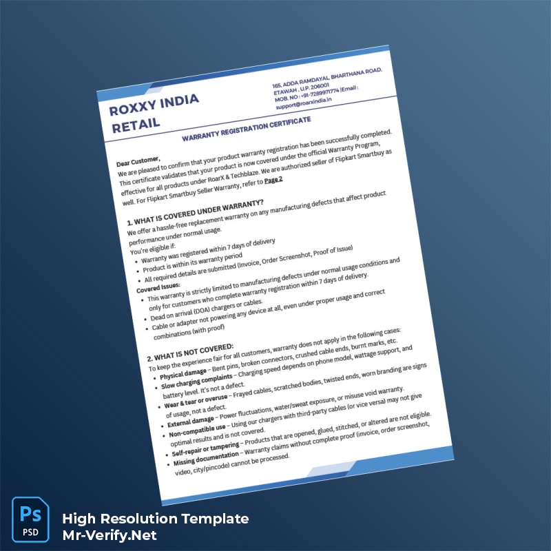 Editable India RoxxY India Warranty Registration Certificate Word and Pdf Template 4 page Editable India RoxxY India Warranty Registration Certificate Word and Pdf Template 4 page