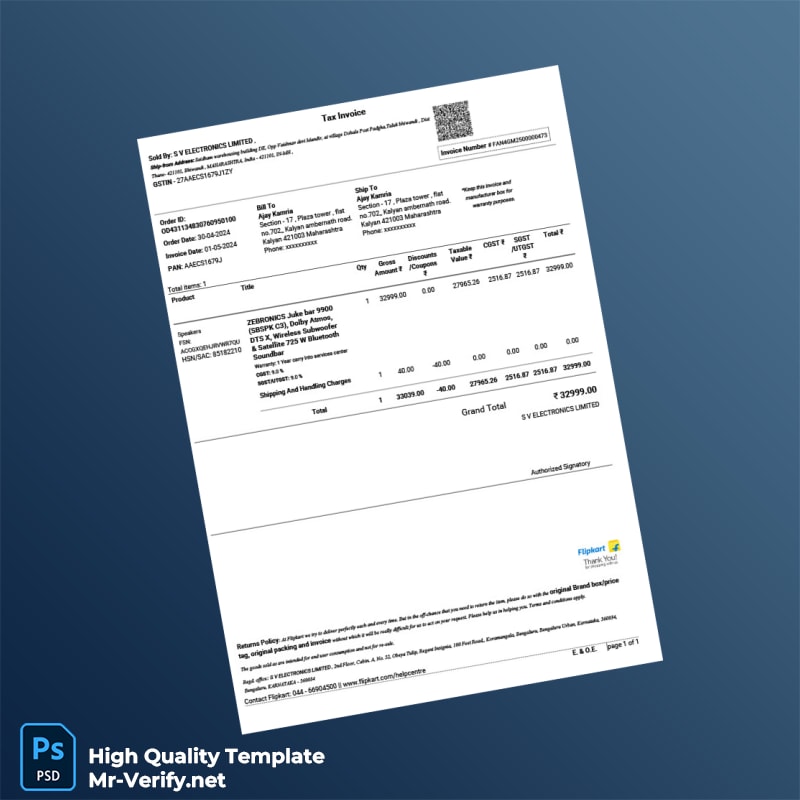 India SV Electronics Limited Tax Invoice Template in Word and PDF formats 3 page India SV Electronics Limited Tax Invoice Template in Word and PDF formats 3 page