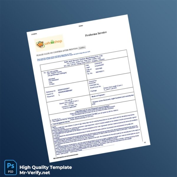 India Safe and Secure Online Marketing Pvt Ltd Proforma Invoice Template in Word and PDF formats 2 page India Safe and Secure Online Marketing Pvt Ltd Proforma Invoice Template in Word and PDF formats 2 page