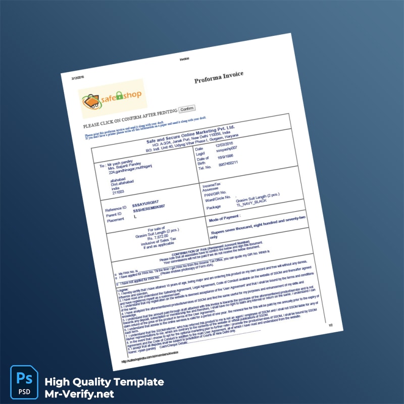 India Safe and Secure Online Marketing Pvt Ltd Proforma Invoice Template in Word and PDF formats 2 page India Safe and Secure Online Marketing Pvt Ltd Proforma Invoice Template in Word and PDF formats 2 page