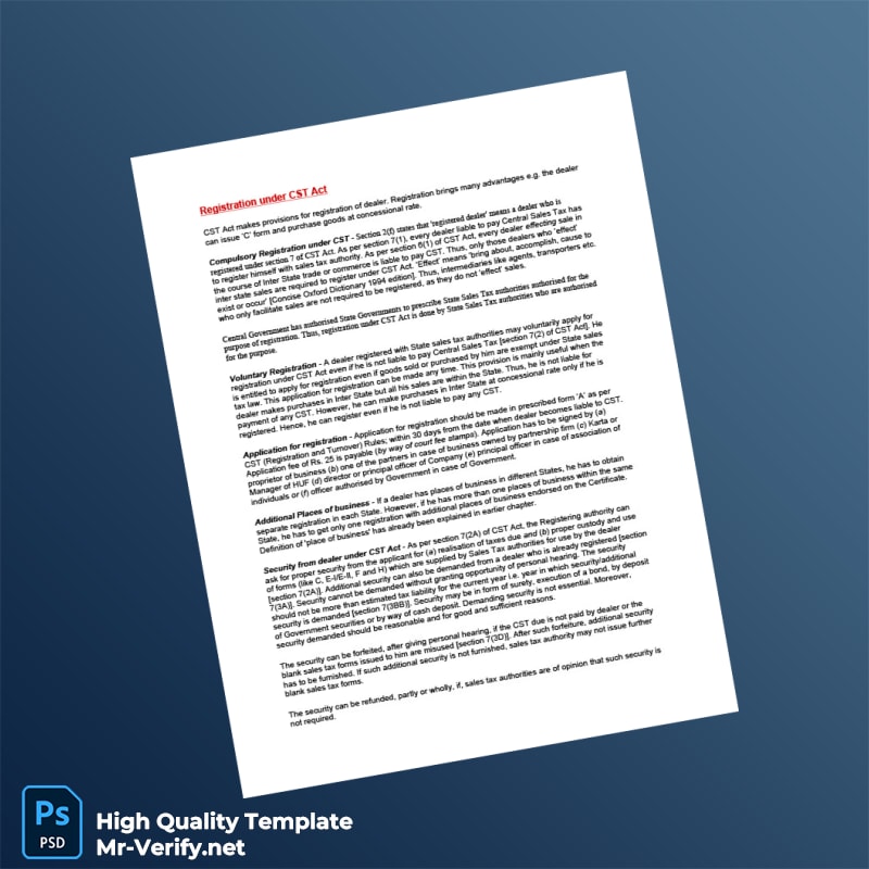 India Sales Tax Department Editable CST Registration Certificate Template in Word and PDF formats 2 page India Sales Tax Department Editable CST Registration Certificate Template in Word and PDF formats 2 page