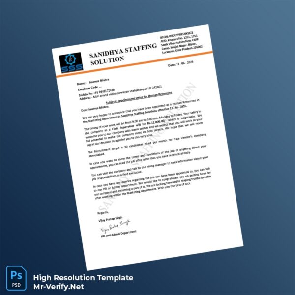 Editable India Sanidhya Staffing Solutions Employment Verification Letter Word and Pdf Template 5 page Editable India Sanidhya Staffing Solutions Employment Verification Letter Word and Pdf Template 5 page