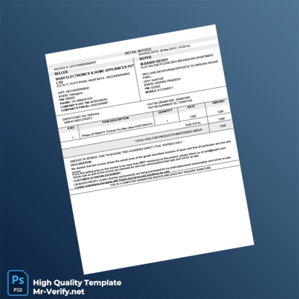 India Shah Electronics Home Appliances Pvt Ltd Invoice Template in Word and PDF formats