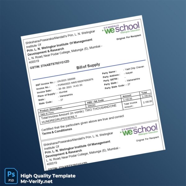 India Shikshana Prasaraka Mandali s Prin L N Welingkar Institute Of Management Development Research Bill of Supply Template in W 3 page