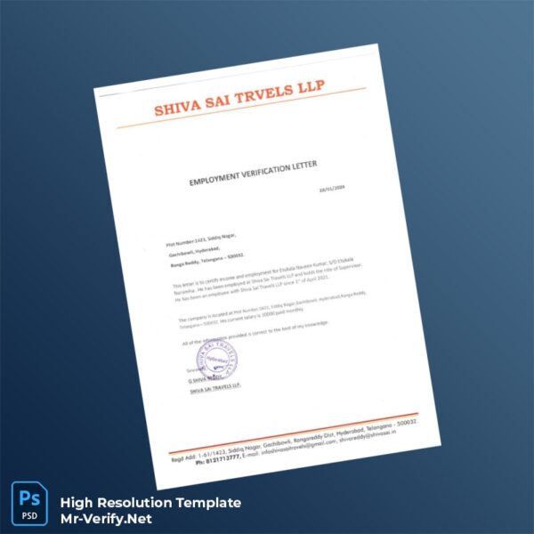 Editable India Shiva Sai Travels LLP Employment Verification Letter Word and Pdf Template