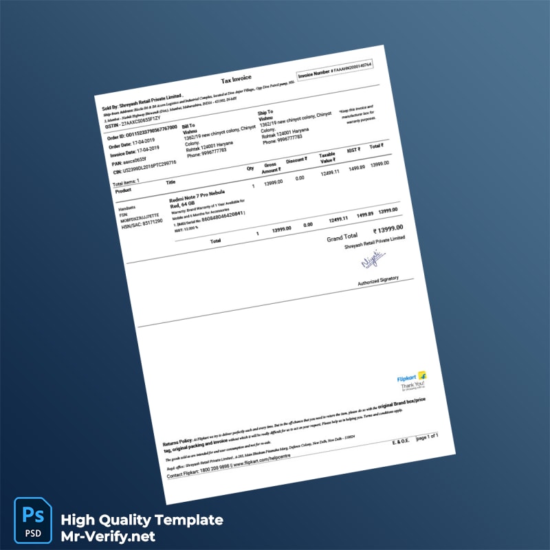 India Shreyash Retail Private Limited Invoice Template in Word and PDF formats India Shreyash Retail Private Limited Invoice Template in Word and PDF formats
