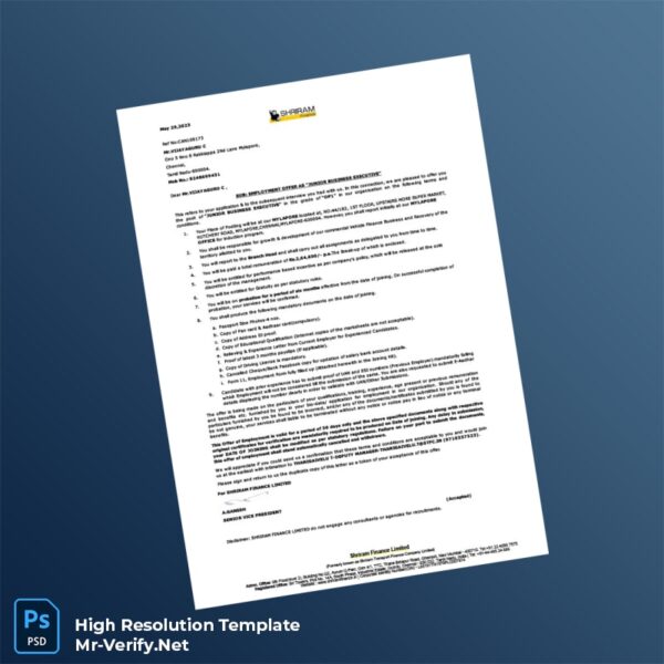Editable India Shriram Finance Limited Employment Offer Letter Word and Pdf Template 2 page Editable India Shriram Finance Limited Employment Offer Letter Word and Pdf Template 2 page