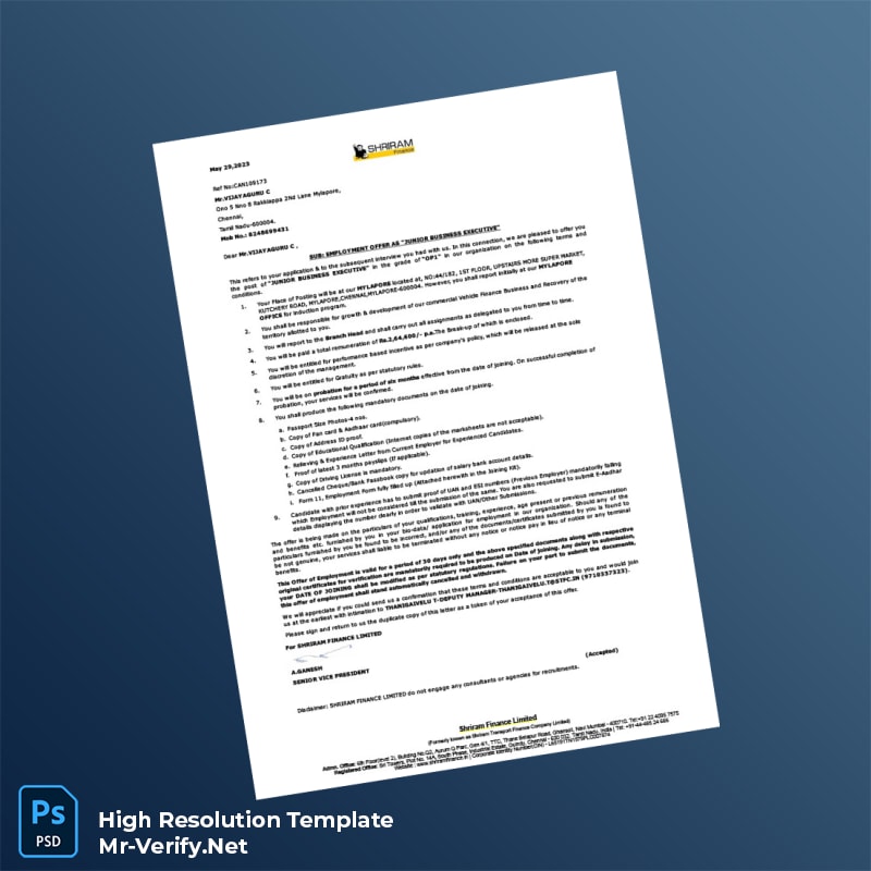 Editable India Shriram Finance Limited Employment Offer Letter Word and Pdf Template 2 page Editable India Shriram Finance Limited Employment Offer Letter Word and Pdf Template 2 page