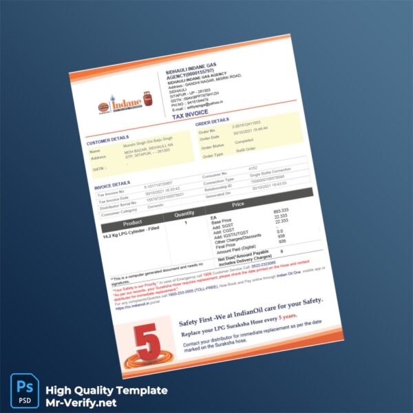India Sidhauli Indane Gas Agency Tax Invoice Template in Word and PDF formats 2 page