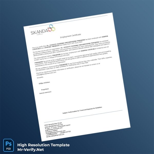 Editable India Skanda Chemicals Employment Verification Letter Word and Pdf Template 4 page