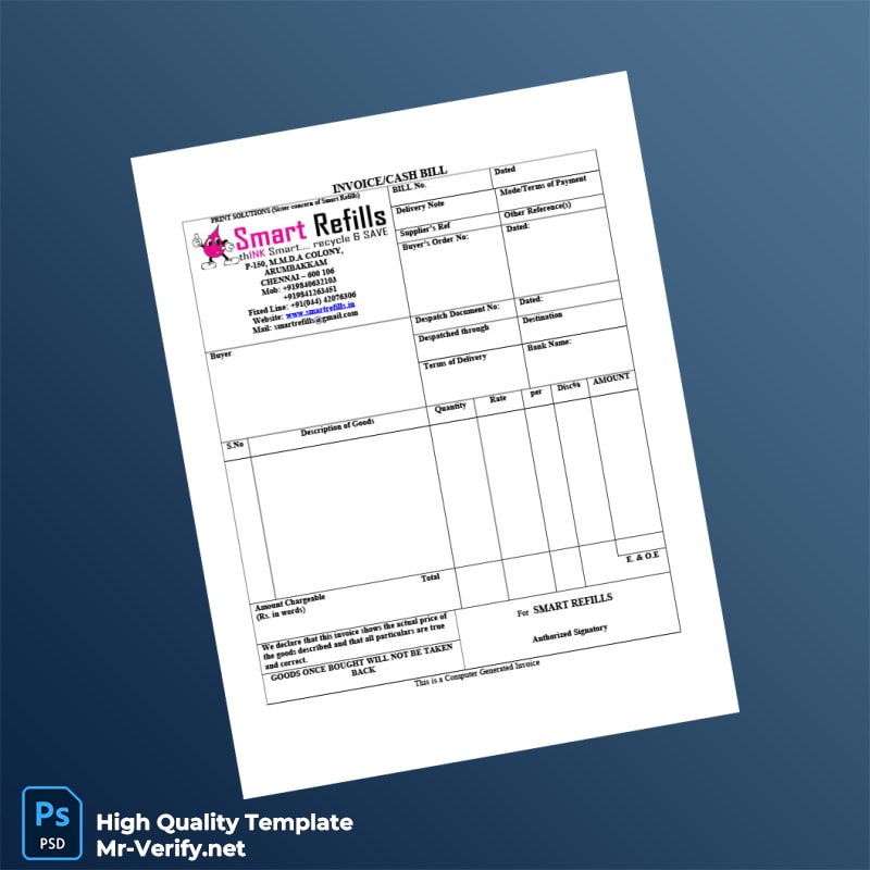 India Smart Refills Invoice Template in Word and PDF formats India Smart Refills Invoice Template in Word and PDF formats