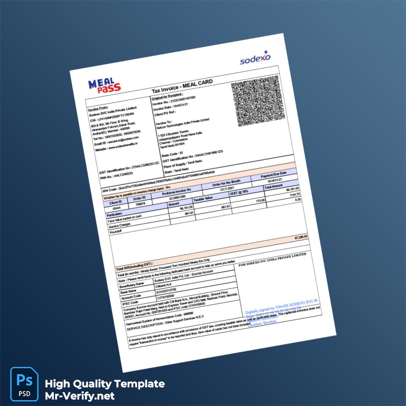 India Sodexo SVC India Private Limited Tax Invoice Template in Word and PDF formats India Sodexo SVC India Private Limited Tax Invoice Template in Word and PDF formats