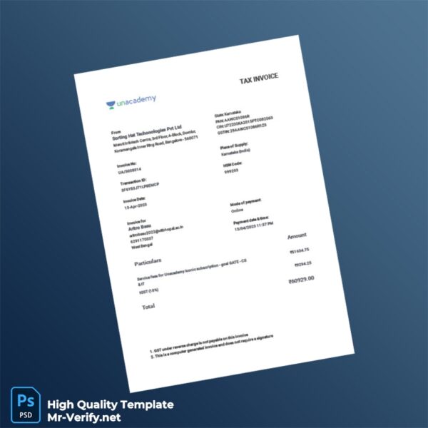 India Sorting Hat Technologies Pvt Ltd Tax Invoice Template in Word and PDF formats