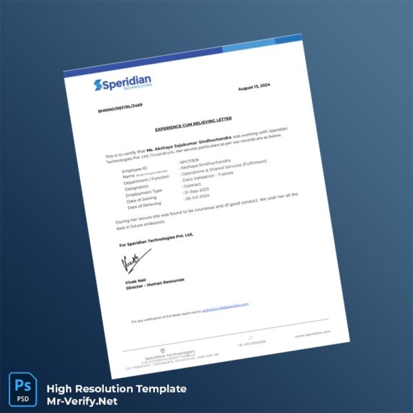 Editable India Speridian Technologies Pvt Ltd Experience Cum Relieving Letter Word and Pdf Template