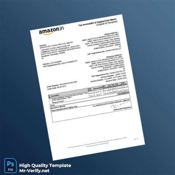 India Sproutlife Foods Private Limited Tax Invoice Template in Word and PDF formats