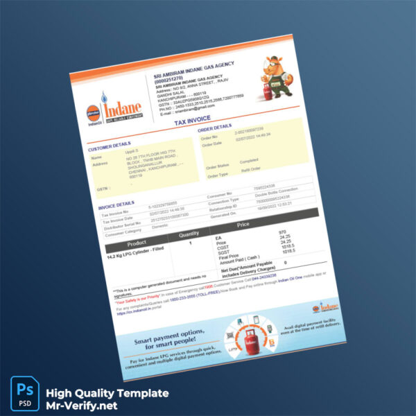 India Sri Ambiram Indane Gas Agency Tax Invoice Template in Word and PDF formats 2 page