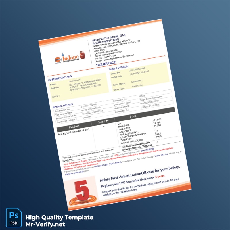 India Sri Revathy Indane Gas Agency Tax Invoice Template in Word and PDF formats 2 page India Sri Revathy Indane Gas Agency Tax Invoice Template in Word and PDF formats 2 page