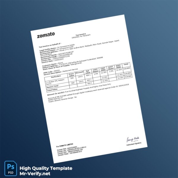 India Sri Sampoorna Hotels Tax Invoice Template in Word and PDF formats 2 page