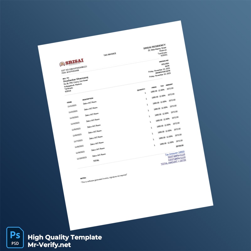 India Srisai Invoice Template in Word and PDF formats India Srisai Invoice Template in Word and PDF formats