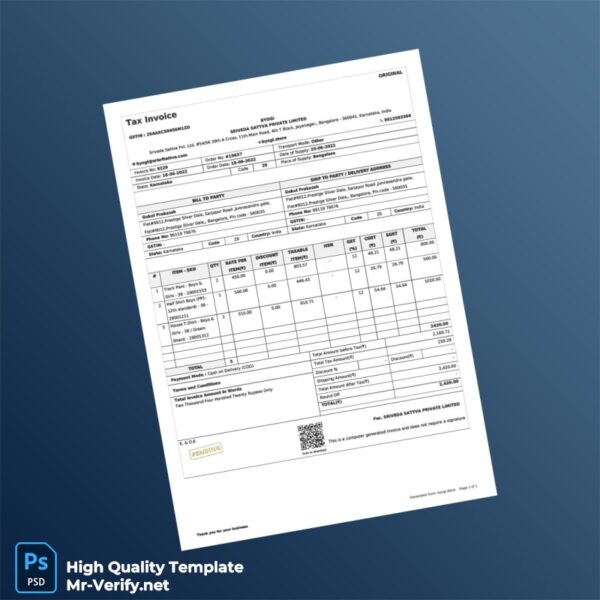India Sriveda Sattva Private Limited Invoice Template in Word and PDF formats India Sriveda Sattva Private Limited Invoice Template in Word and PDF formats