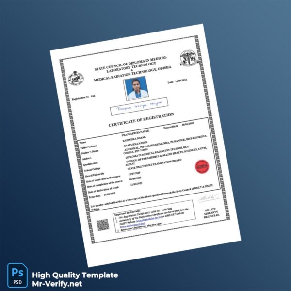 India State Council of Diploma in Medical Laboratory Technology Registration Certificate Template in Word and PDF formats India State Council of Diploma in Medical Laboratory Technology Registration Certificate Template in Word and PDF formats