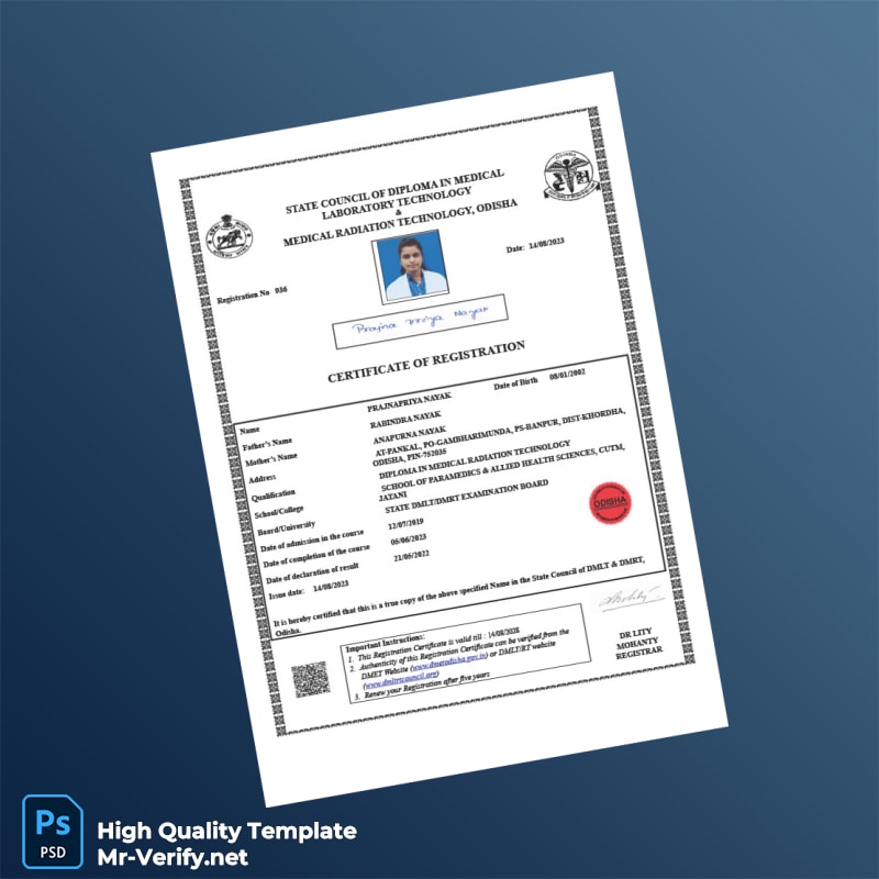 India State Council of Diploma in Medical Laboratory Technology Registration Certificate Template in Word and PDF formats India State Council of Diploma in Medical Laboratory Technology Registration Certificate Template in Word and PDF formats