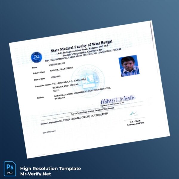 Editable India State Medical Faculty of West Bengal Student Registration Certificate Word and Pdf Template Editable India State Medical Faculty of West Bengal Student Registration Certificate Word and Pdf Template