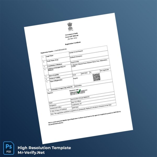 Editable India State Tax Authority GST Registration Certificate Word and Pdf Template 3 page Editable India State Tax Authority GST Registration Certificate Word and Pdf Template 3 page