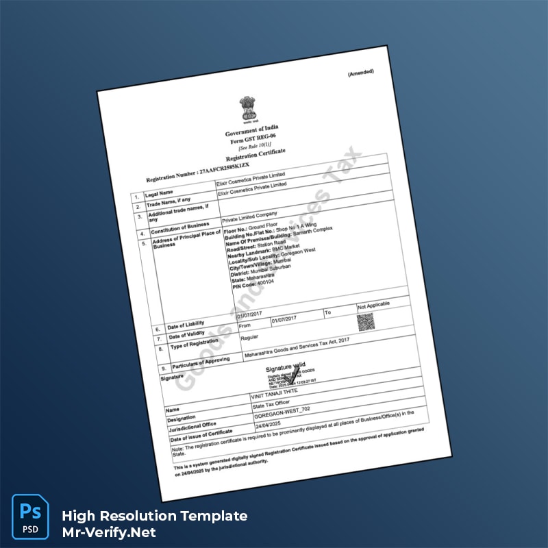 Editable India State Tax Authority Registration Certificate Word and Pdf Template 3 page Editable India State Tax Authority Registration Certificate Word and Pdf Template 3 page