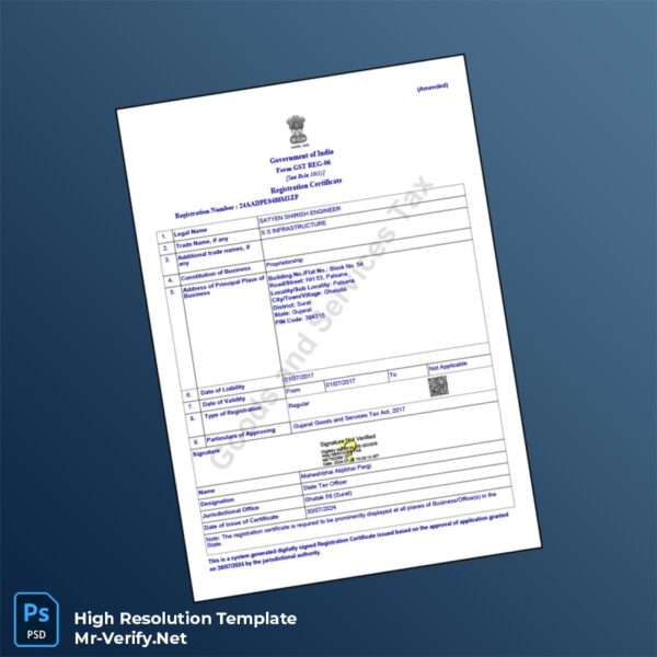 Editable India State Tax Officer GST Registration Certificate Word and Pdf Template 3 page