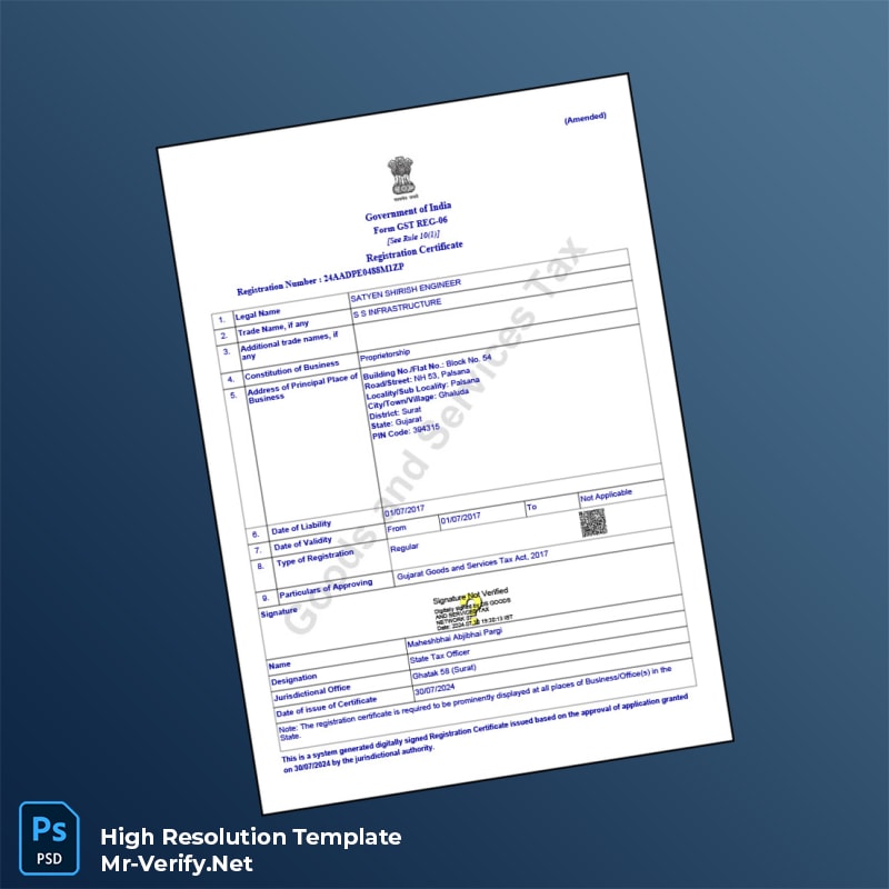 Editable India State Tax Officer GST Registration Certificate Word and Pdf Template 3 page Editable India State Tax Officer GST Registration Certificate Word and Pdf Template 3 page