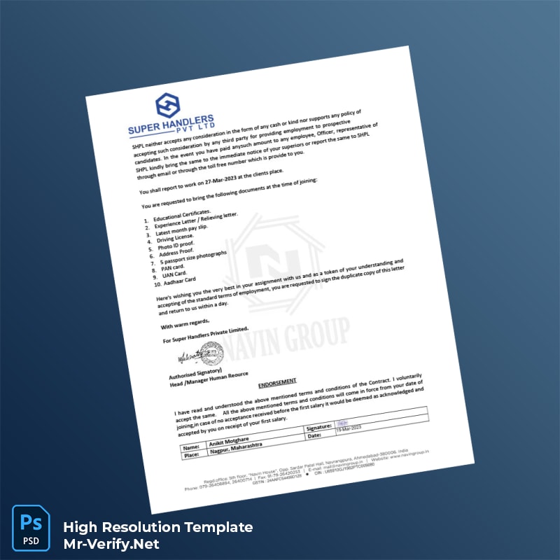 Editable India Super Handlers Private Limited Employment Verification Letter Word and Pdf Template 5 page Editable India Super Handlers Private Limited Employment Verification Letter Word and Pdf Template 5 page