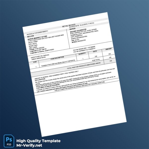 India Super Market Store Invoice Template in Word and PDF formats