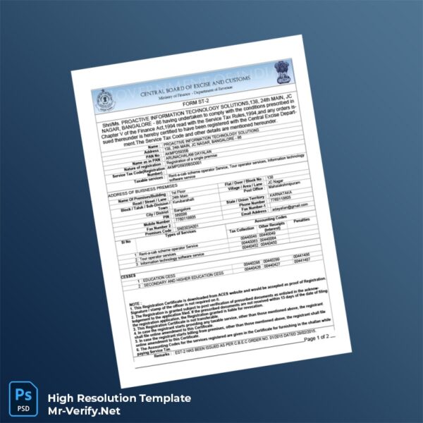 Editable India Superintendent of Central Excise Service Tax Registration Certificate Word and Pdf Template 2 page Editable India Superintendent of Central Excise Service Tax Registration Certificate Word and Pdf Template 2 page
