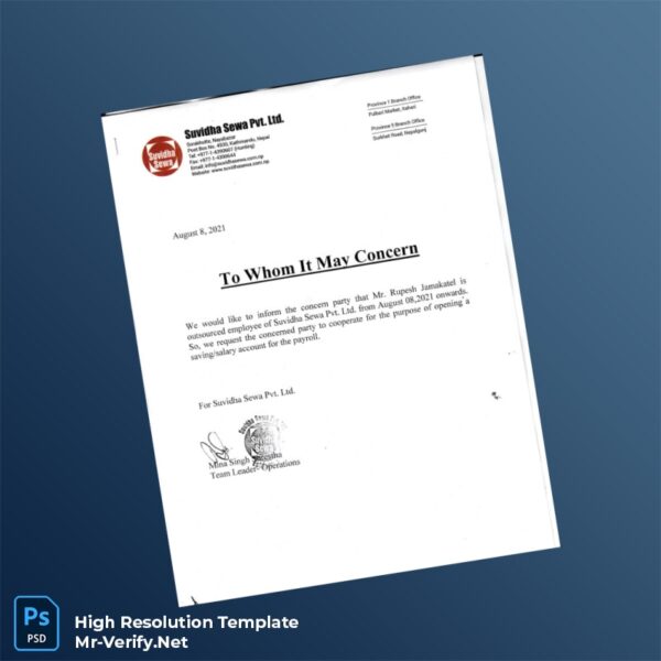 Editable India Suvidha Sewa Pvt Ltd Employment Verification Letter Word and Pdf Template 6 page