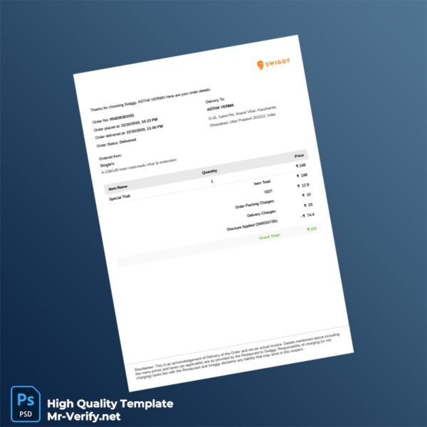 India Swiggy Invoice Template in Word and PDF formats 2 page