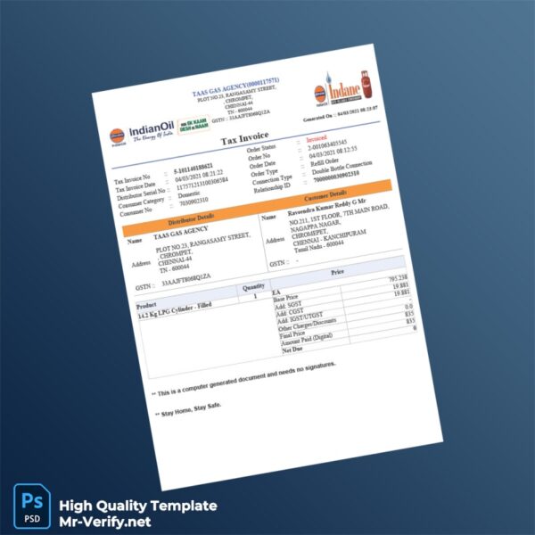 India TAAS GAS AGENCY Tax Invoice Template in Word and PDF formats