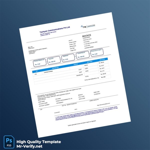 India Tachyon Communications Pvt Ltd Invoice Template in Word and PDF formats India Tachyon Communications Pvt Ltd Invoice Template in Word and PDF formats