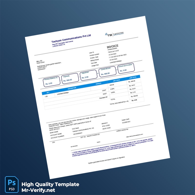 India Tachyon Communications Pvt Ltd Invoice Template in Word and PDF formats India Tachyon Communications Pvt Ltd Invoice Template in Word and PDF formats