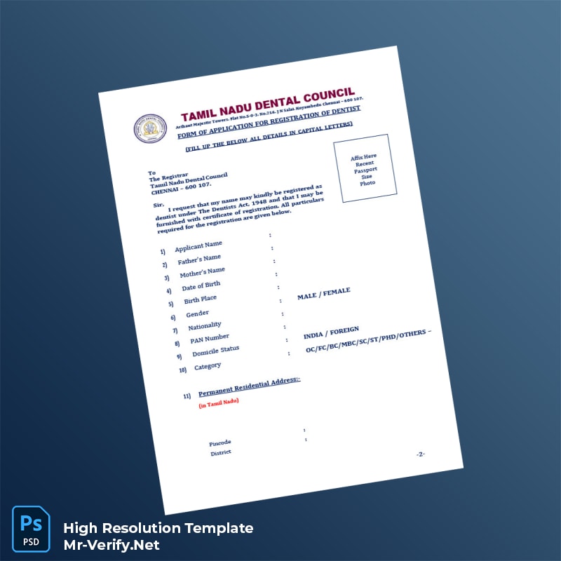 Editable India Tamil Nadu Dental Council BDS Registration Form Word and Pdf Template 5 page Editable India Tamil Nadu Dental Council BDS Registration Form Word and Pdf Template 5 page