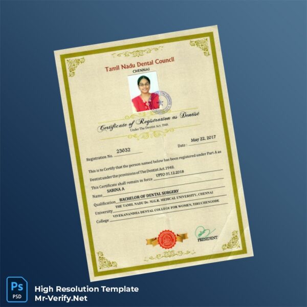 Editable India Tamil Nadu Dental Council Registration Certificate Word and Pdf Template