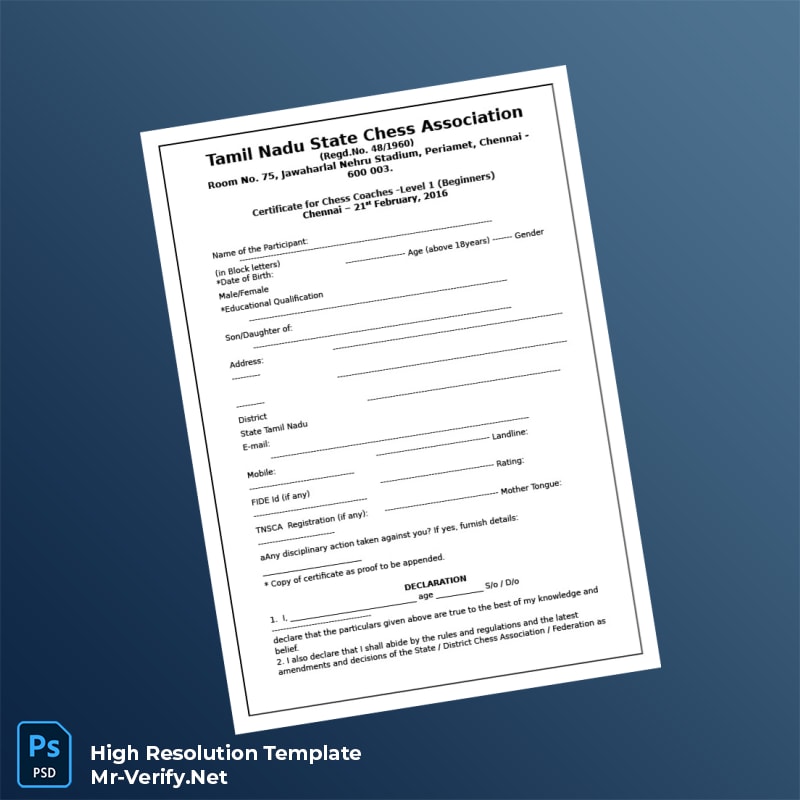 Editable India Tamil Nadu State Chess Association Certificate for Chess Coaches Word and Pdf Template 2 page Editable India Tamil Nadu State Chess Association Certificate for Chess Coaches Word and Pdf Template 2 page