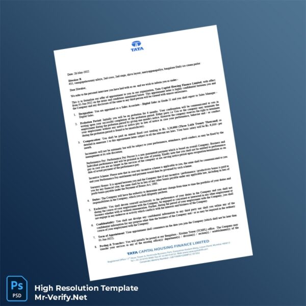 Editable India Tata Capital Housing Finance Employment Verification Letter Word and Pdf Template 4 page