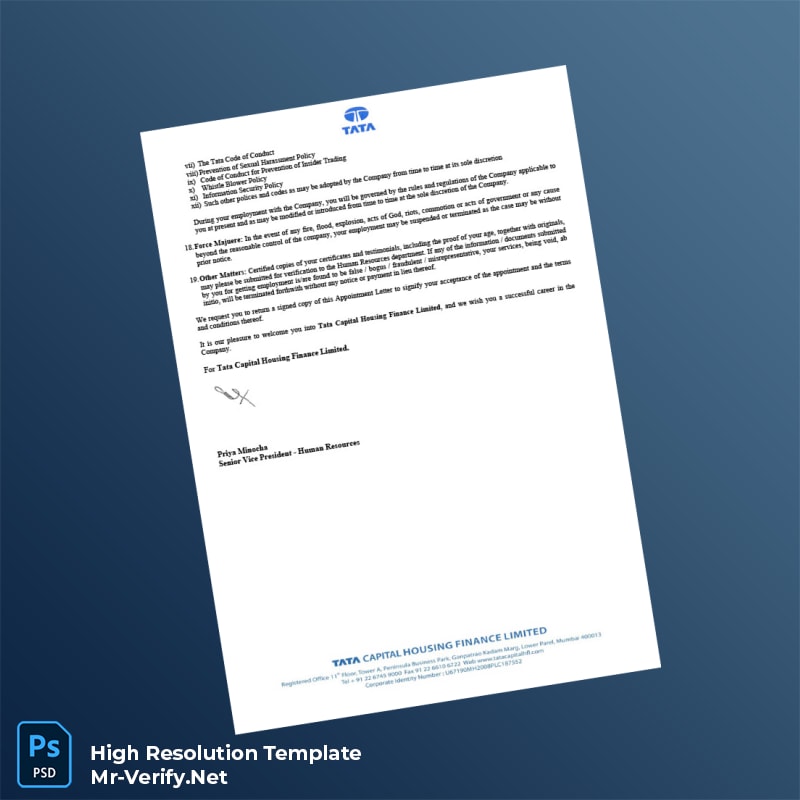 Editable India Tata Capital Housing Finance Employment Verification Letter Word and Pdf Template 4 page Editable India Tata Capital Housing Finance Employment Verification Letter Word and Pdf Template 4 page