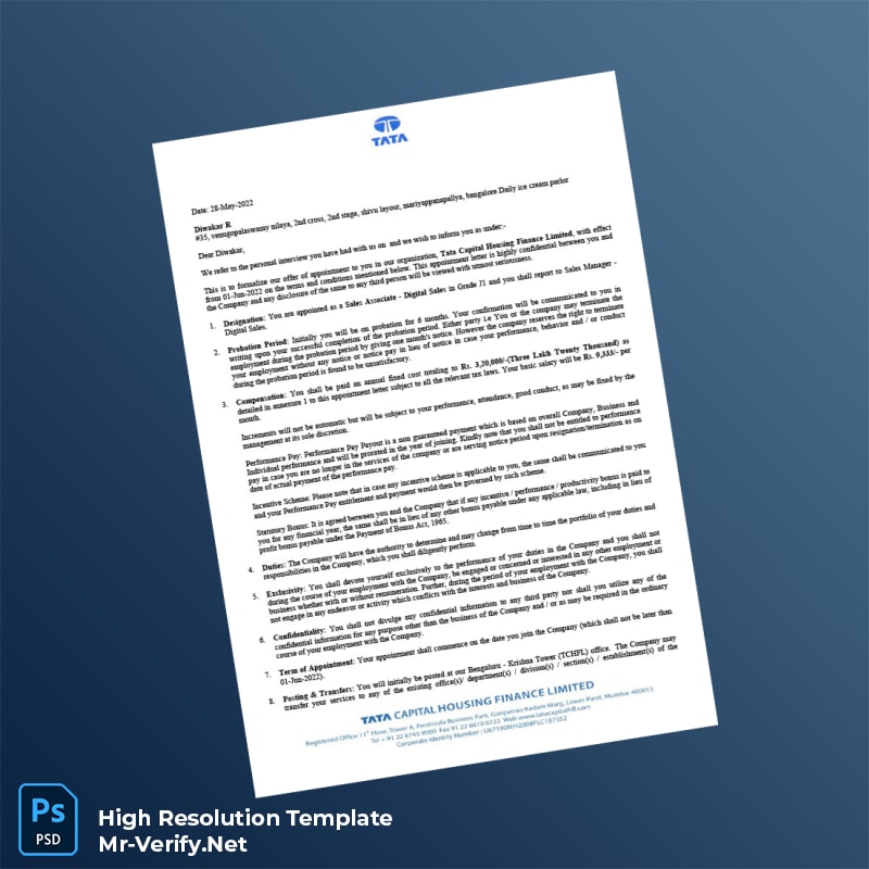 Editable India Tata Capital Housing Finance Employment Verification Letter Word and Pdf Template 4 page Editable India Tata Capital Housing Finance Employment Verification Letter Word and Pdf Template 4 page