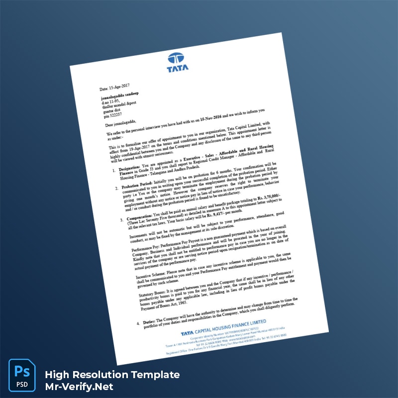 Editable India Tata Capital Limited Employment Verification Letter Word and Pdf Template 5 page Editable India Tata Capital Limited Employment Verification Letter Word and Pdf Template 5 page